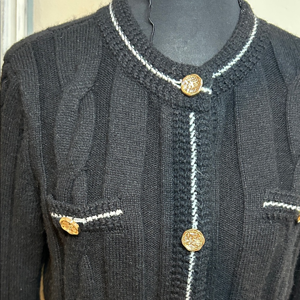 Talbots Black Cable Knit Cardigan with Gold Buttons - Picture 4 of 13